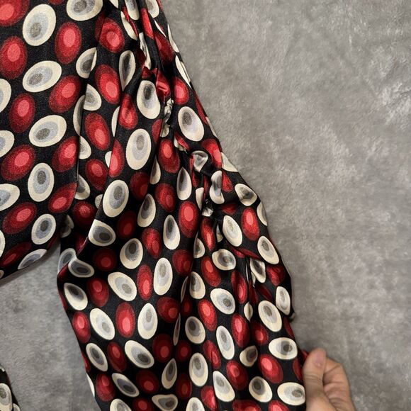 Wet Seal Retro Satin Blouse M Red Black Circle Print Smocked Waist Tie Top Y2K - Picture 5 of 9